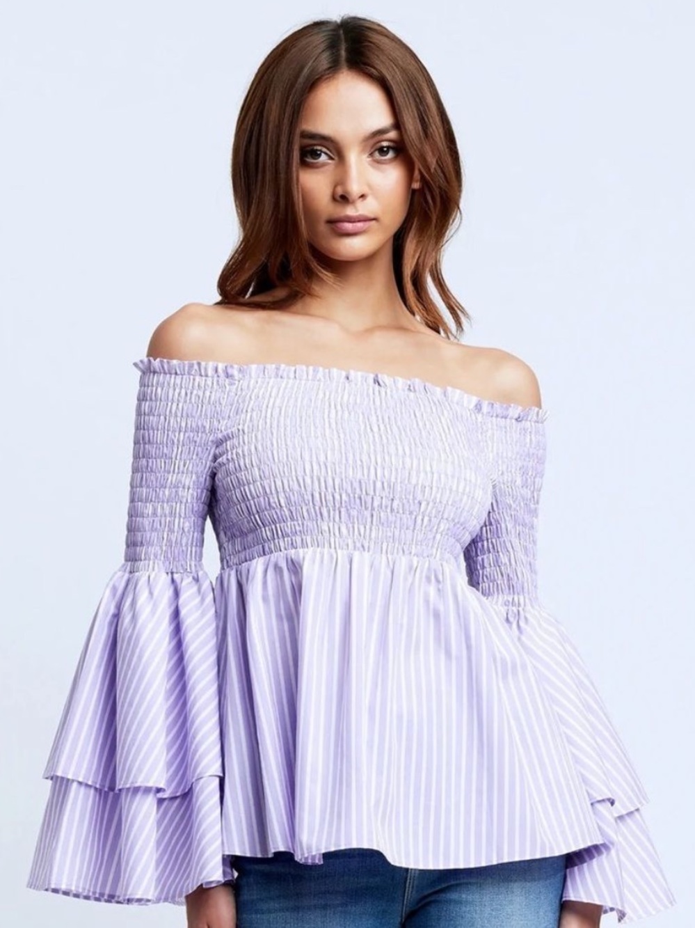 L'AGENCE Lavender Striped Denver Off-Shoulder Blouse NWT size XL